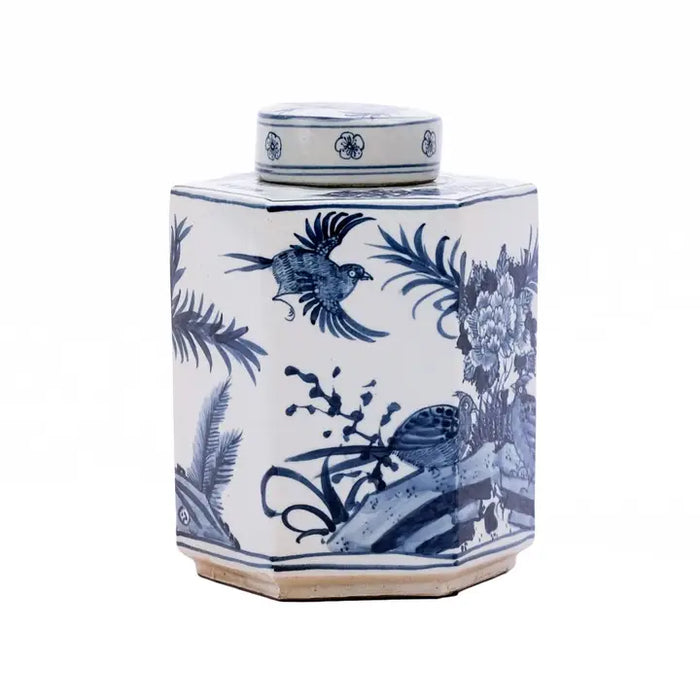 Blue and White Hexagonal Flower Bird Keepsake Urn