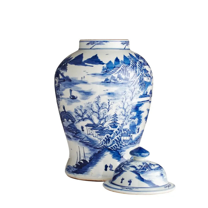 Blue and White Landscape Lidded Keepsake Urn