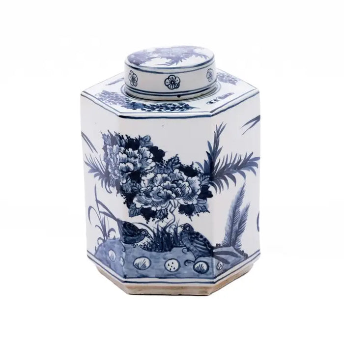 Blue and White Hexagonal Flower Bird Keepsake Urn