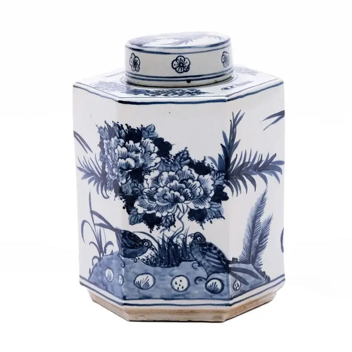 Blue and White Hexagonal Flower Bird Keepsake Urn