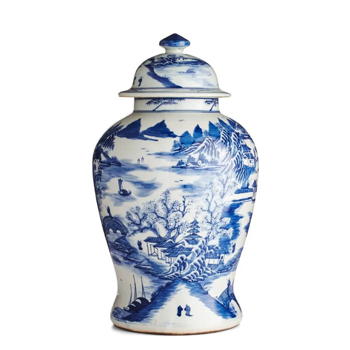 Blue and White Landscape Lidded Keepsake Urn