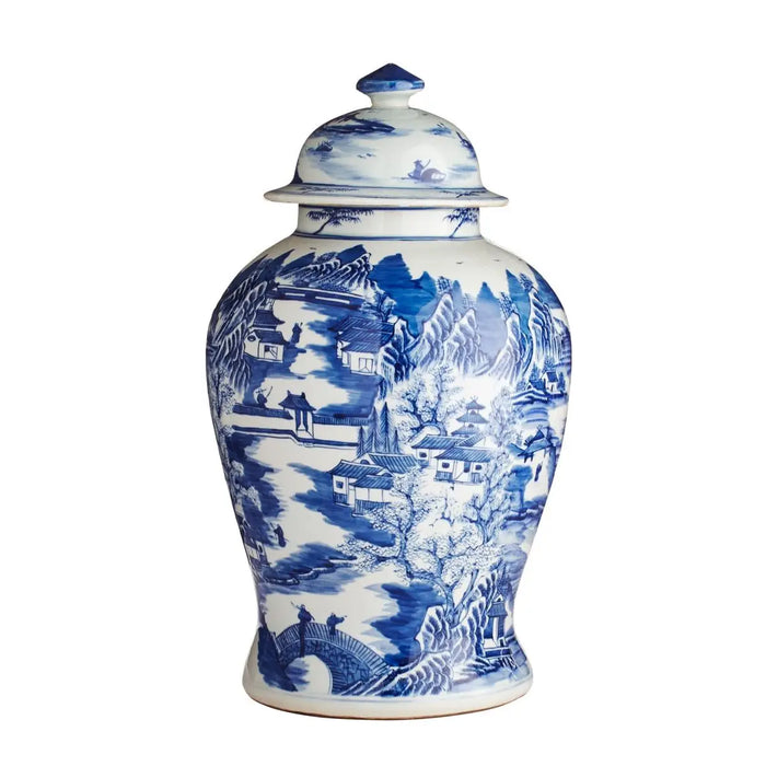 Blue and White Landscape Lidded Keepsake Urn