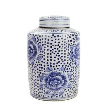 Blue and White Mini Peony Dots Large Keepsake Urn